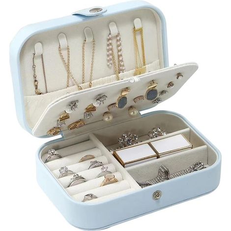 (Bleu) Boite a Bijoux, Rangement Bijoux Portable, Boite a Bijoux Fille Cuir, Coffret à Bijoux 16x11x5cm, Boite a Bijoux Voyage pour Rangez Boucles d'oreilles, Bagues, Colliers, Bracelets (1/5)