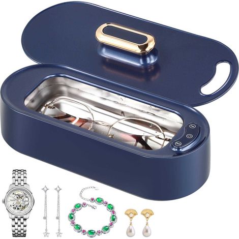 Nettoyeur à ultrasons pour lunettes, nettoyeur à ultrasons haute fréquence 45 000 Hz, nettoyeur à ultrasons double mode pour bijoux, adapté aux lunettes, montres, colliers et prothèses dentaires (bleu (1/5)
