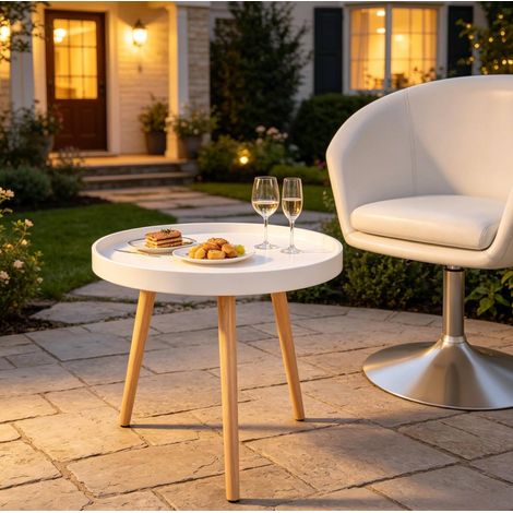 Table basse ronde 50x50x44 cm blanc et chêne, avec rebord, MDF et bois de pin, MEUBLIV (1/4)