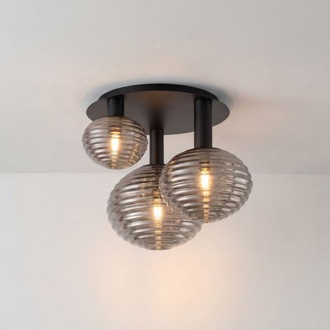 Deckenleuchte 3-flammig B: 53.5 cm Schwarz Metall Rauchglas E27 Modern Deckenlampe