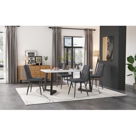 Lot de 5 pour salle à manger : table rectangulaire moderne 117×68cm + 4 chaises en tissu tweed gris foncé, pieds noirs, idéal pour cuisine. (1/4)