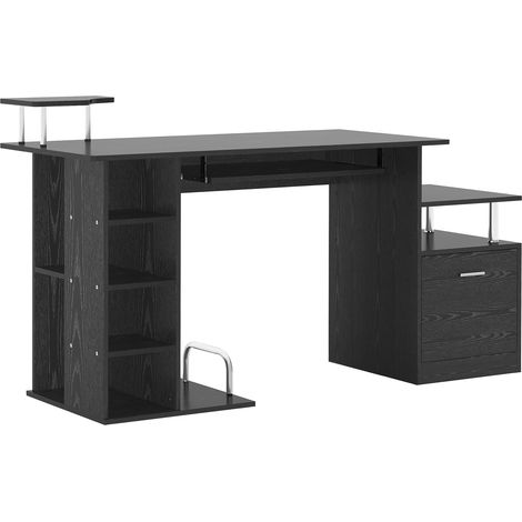Un bureau noir avec 6 étagères, des tiroirs, un plateau pour clavier et un support pour écran/imprimante. Ses dimensions sont de 152 x 60 x 88 cm. (1/5)