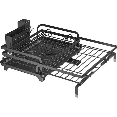 Étagère Égouttoir Vaisselle sur Évier Cuisine Réglable, Organisateur Extensible avec Porte-Couverts, Noir