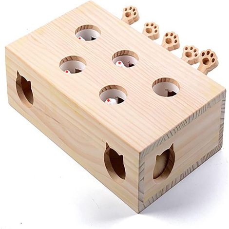 Jeu de tape-taupe interactif en bois massif pour chats, chatons, chiens et chiots, 5 trous (bois)