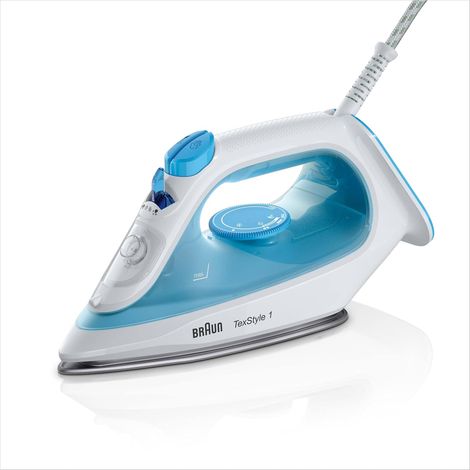 TexStyle 1 SI1050BL Fer à Repasser Vapeur, Débit de Vapeur 25 g/min, Coup de Vapeur 120 g/min, Semelle Super Céramique, Vapeur Verticale, Réservoir d'eau 220 ml, 2000W, Bleu (1/5)