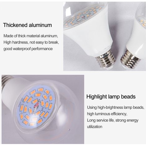 Lot de 2 lampes LED croissance plantes 12W lumière chaude, étanche, plastique-aluminium + abat-jour PC, 7x12.5cm, culot E27 universel, 24 LED, angle 270° (lot de 10 minimum). (1/4)