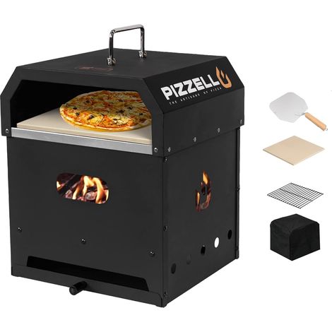 4 en 1 Four à Pizza Extérieur à Bois 2 Couches Détachable avec Pierre à Pizza, Pelle à pizza, Couvercle, Grille de Cuisson [Classe énergétique A+]