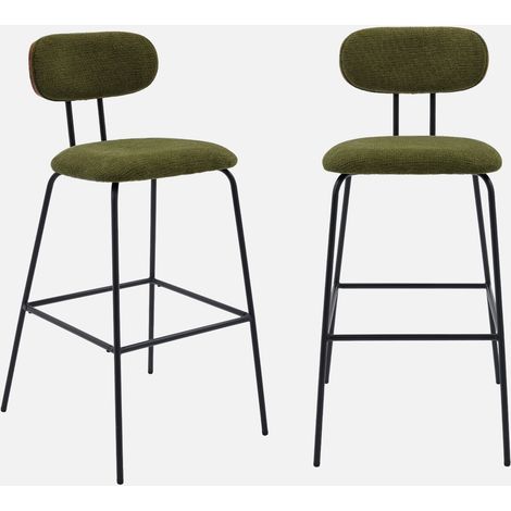 Set di 2 sgabelli da bar legno curvato tinto noce e tessuto idrorepellente gambe in metallo nero
