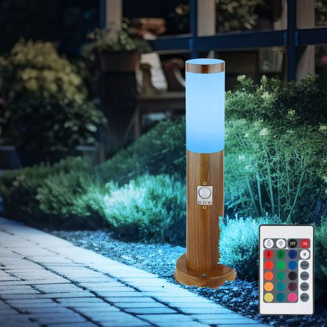Sockelleuchte mit Bewegungsmelder Holz Optik Außen Standleuchte Pollerleuchte Edelstahl, Fernbedienung dimmbar, RGB LED 8,5W 806Lm warmweiß, DxH 7,6 x 45 cm