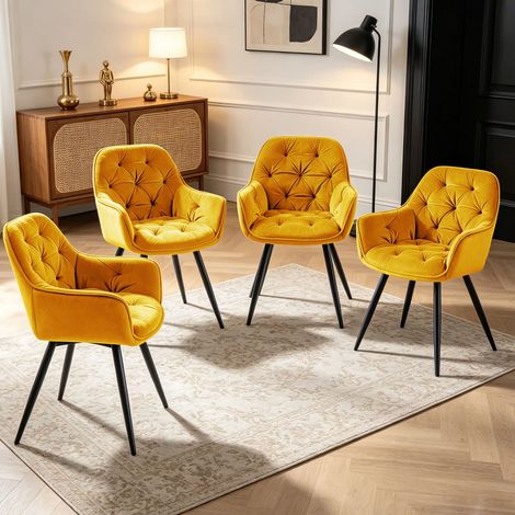 AINPECCA 4PCS Dining Chairs Velvet Padded Seat Metal Legs Kitchen Chair Home Office (Yellow,4PCS)