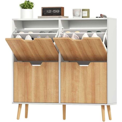Schuhschrank mit 4 Klapptüren, Platz für 16 Paar Schuhe, verstellbarem Einlegeboden, Beinen aus Kiefernholz, 95 x 26 x 95 cm, naturfarben