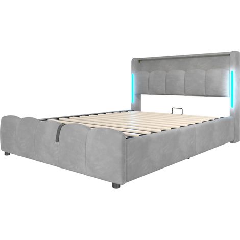 Lit rembourré 140 x 200 cm en velours gris avec LED et rangement hydraulique (1/5)