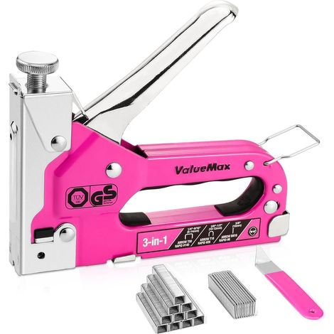 Pistolet à agrafeuse manuelle 3-en-1 rose, réglable, avec 2000 agrafes (1/5)