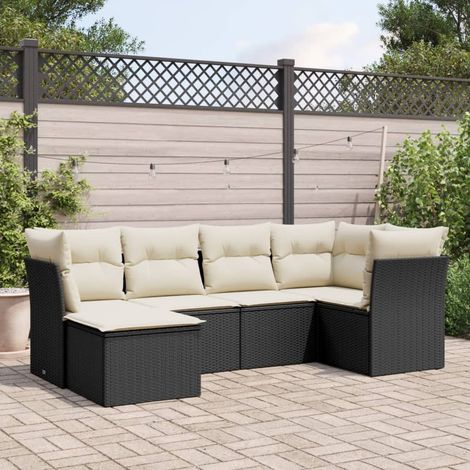 Ensemble Salon Jardin 6 Places Noir Résine Tressée avec Coussins Crème - Mobilier Extérieur Modulaire (1/4)