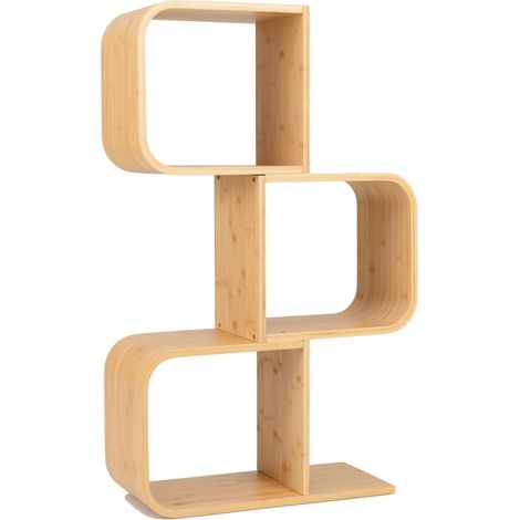 GOPLUS Bibliothèque Géométrique en Bambou en Forme de 'S' à 3 Niveaux avec Cubes Ouverts-Kits Anti-Basculement-61x23x99CM