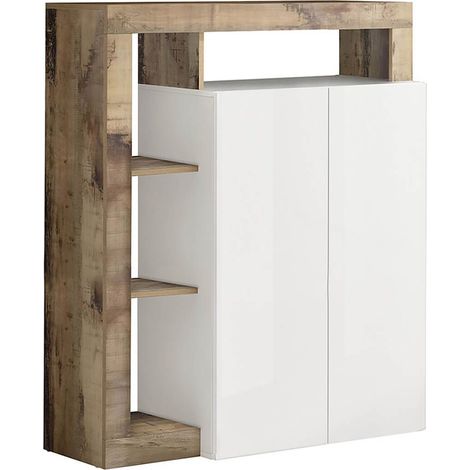 Altobuy – Meuble bar 2 portes blanc laqué – Encadrement niches aspect bois vieilli – Dimensions 108x42x127 cm – Panneaux haute densité (1/4)