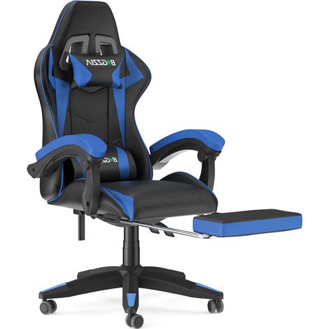 Fauteuil de Bureau - BIGZZIA Siège de bureau Réglable - Chaise gaming avec Appui-tête et Support lombaire, 136kg, Noir et Bleu (1/5)