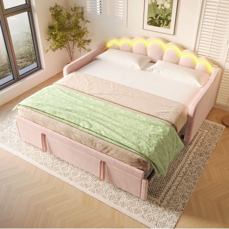 Bett Tagesbett modern aus Samt Rosa 90x200/180x200 cm mit gewelltem Kopfteil, Ausziehbett und LED-Leiste
