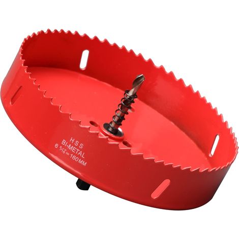 Scie cloche - 160 mm - Acier rapide HSS M42 bi-métal - Scie-cloche avec tige hexagonale et foret pour bois, construction sèche et tôle métallique - 1 pièce - Rouge (1/5)