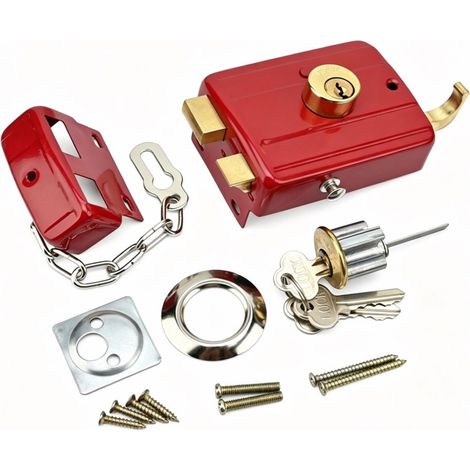 Serrure de porte à pêne dormant extérieur, serrure de sécurité rouge complète avec chaîne de porte et clés (1/5)