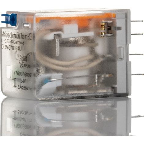 Relais de puissance Weidmuller DRM, 4 RT, bobine 24V c.c. Montage panneau 900mW ( Prix pour 1 )