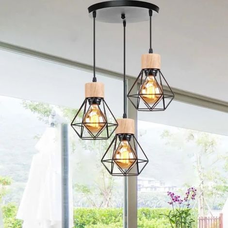 Suspension Luminaire Rétro en Métal et Bois - - Fusion 3 Têtes - E27 - Noir (1/4)