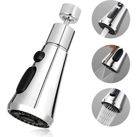 Robinet de cuisine avec douchette, robinet de cuisine rotatif à 360° avec aérateur, bec de robinet de cuisine à 3 modes pour aérateur de robinet de cuisine FM22 (Argent) (1/5)