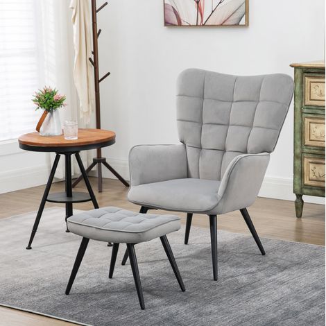 Fauteuil bergère avec pouf en acier gris clair, 73 x 77,5 x 98 cm (1/5)