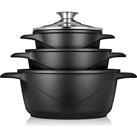Batterie de cuisine induction 6 pièces – Aluminium fonte avec revêtement antiadhésif ILAG – Casseroles avec couvercles en verre – Gants silicone inclus – Briebe
