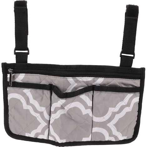 Sac de rangement latéral pour fauteuil roulant, poche multi-compartiments avec bandes réfléchissantes, accessoire d'accoudoir, motif gris (1/5)