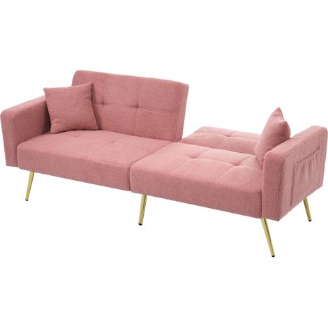 Canapé convertible rose avec revêtement en laine d'agneau, pieds dorés et poches latérales de rangement (1/5)