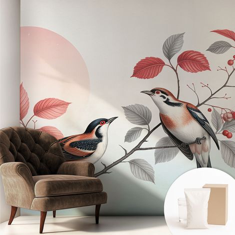 Papier peint intissé mural avec colle pour salon et chambre Décoration murale rapide - Colle incluse gratuite Oiseaux perchés 250x250 cm (1/5)