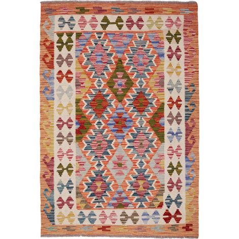 Tapis kilim, 103 x 150 cm, motif ethnique, multicolore orange et vert, en laine naturelle, tissé à la main (1/5)