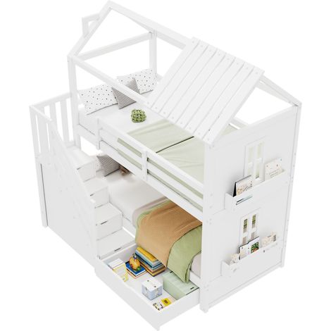 CHICFURN Litera infantil 90x200 cm de pino y MDF blanca con almacenaje, sin colchón (1/5)