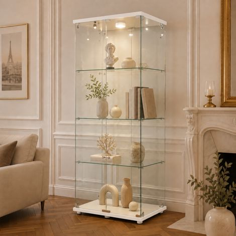 Vitrine vitrée, Vitrine Exposition avec serrure, Vitrine de Collection 2 porte, Armoire vitrée avec LED réglable et 3 étagères , Étagère de Présentation, Protection anti-basculement, Blanc