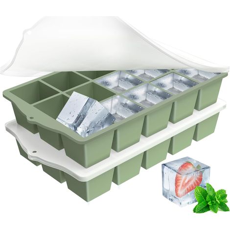 Bac à Glaçons Silicone - 2 Pièces - Sans BPA - Avec Couvercle Hermétique - Empilable - Pour Congélateur - Vert (1/5)