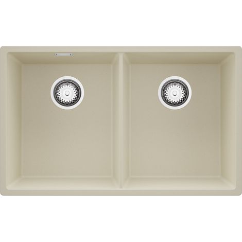 PRIMAGRAN Evier Cuisine en Granit 76x47cm,Lavabo 2 bacs + Kit de Vidage, Évier à Encastrer au meuble 80cm - London Slim Twin, Beige (1/5)
