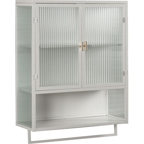 CAIziMeuble mural moderne à 2 portes vitrées de 60CM, avec rangement fermé à deux niveaux, étagère ouverte et porte-serviettes, pour entrée, salon, salle de bain et salle à manger, blanc (1/5)