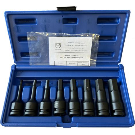 Coffret de 8 douilles mâles 6 pans – Longueur 75mm – Pour clés à chocs – Dimensions H5 à H19 – Coffret de rangement inclus – Asta (1/2)