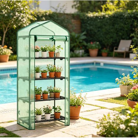 Serra da giardino con ruote 70 x 50 x 163 cm, 4 ripiani in rete, rivestimento PE verde - OKWISH (1/5)