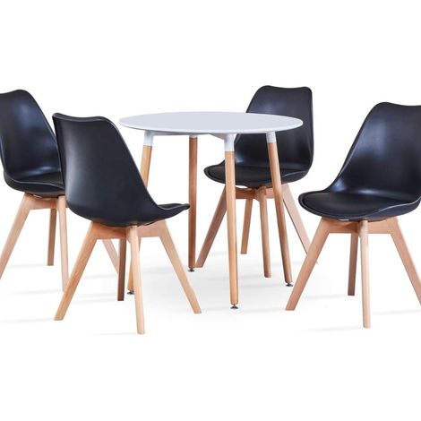 ORION91 Conjunto Mesa Blanca 80 cm + 4 Sillas SIRIO Acolchadas Color Negro  - Estilo Nórdico Ideal para Comedor, Oficina, Salón, Terraza Juego - SpazioLuzio