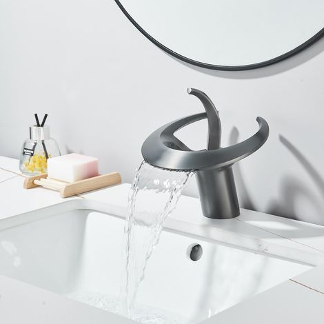 Robinet de Lavabo Cascade Salle de Bain en cascade blanc à levier unique pour eau chaude/froide, montage monobloc (1/5)