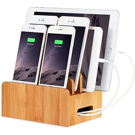 Kabel-Organizer und Ladestation aus Bambusholz für den Schreibtisch, für mehrere Geräte, Ladegeräthalter für iPhone 14 13 12 11 Pro Max XS, iPad Mini 4 5, Samsung OnePlus LG Smartphones und Tablets