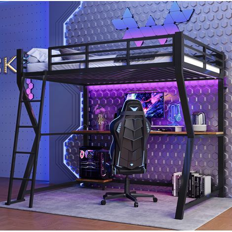 Lit mezzanine 90x200 cm noir en métal et MDF avec bureau, LED, prise USB, étagère et escalier (1/5)