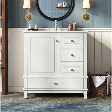 Mueble lavabo 81 cm blanco brillo con 3 cajones, puerta y lavabo OKMYHOME (1/5)