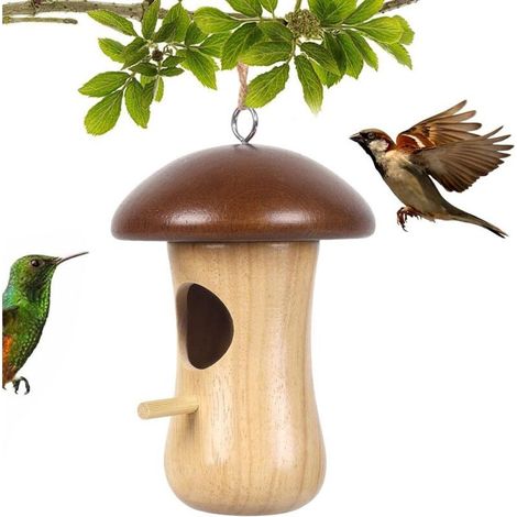 Maison d’oiseaux pour colibris en bois naturel – forme de champignon, idéale pour jardin ou terrasse extérieure (1/5)