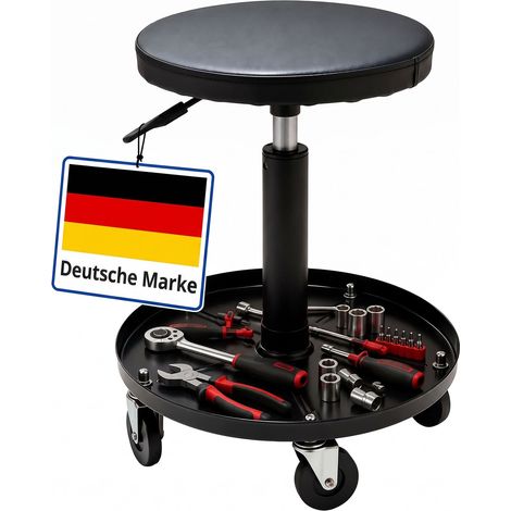 Relaxdays Werkstatthocker, Rollen, höhenverstellbar, Montagehocker, Ablage, 5 Rollen, HxD: 42-56x38 cm, Metall, schwarz (1/5)