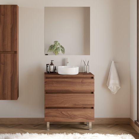 Meuble de salle de bain 60cm avec plateau et vasque à poser ronde - 3 tiroirs - noyer (bois foncé) - MAYOR