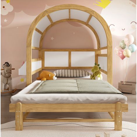 Letto 140x200 cm bianco e naturale in legno e MDF, con letto estraibile (1/5)