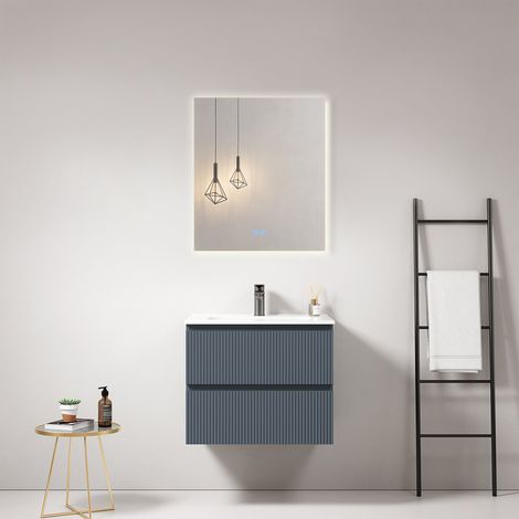 Mobile bagno sospeso cannettato 60 cm Blu Mare Lavabo in Ceramica Specchio Quadro Retroilluminato - Fiji Paint